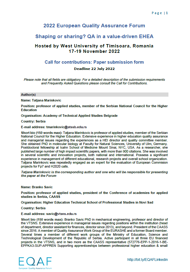 Quality assurance and key performance indicators for dual higher education study programs – needs analysis for the development and implementation of higher education of dual study programs in Serbia