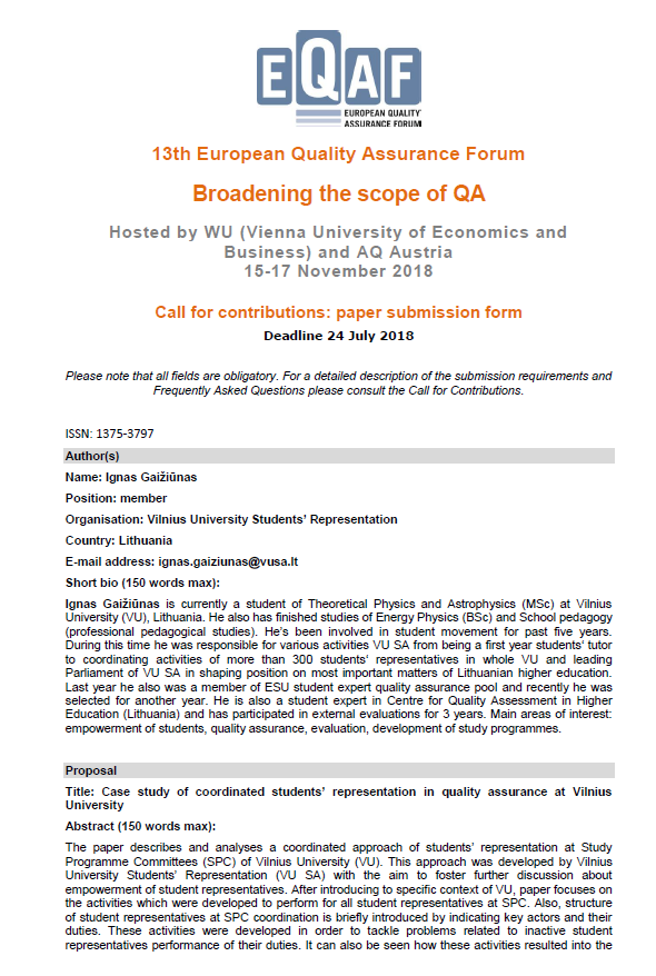Case study of coordinated students’ representation in quality assurance at Vilnius University
