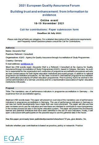 The mandatory use of performance indicators in programme accreditation in Germany – the experience from an accreditation agency