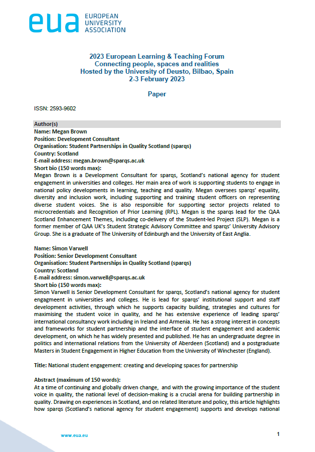 National student engagement: creating and developing spaces for partnership