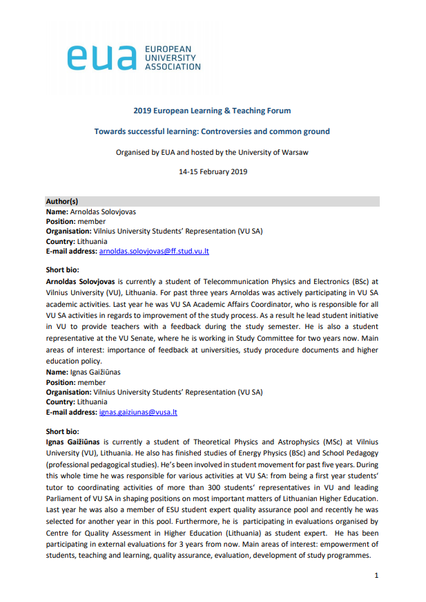 Improving teaching and learning experience through giving feedback for teachers during the semester: Vilnius University case