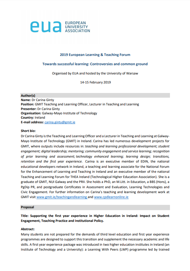  Supporting the first year experience in Higher Education in Ireland: Impact on Student Engagement, Teaching Practice and Institutional Policy