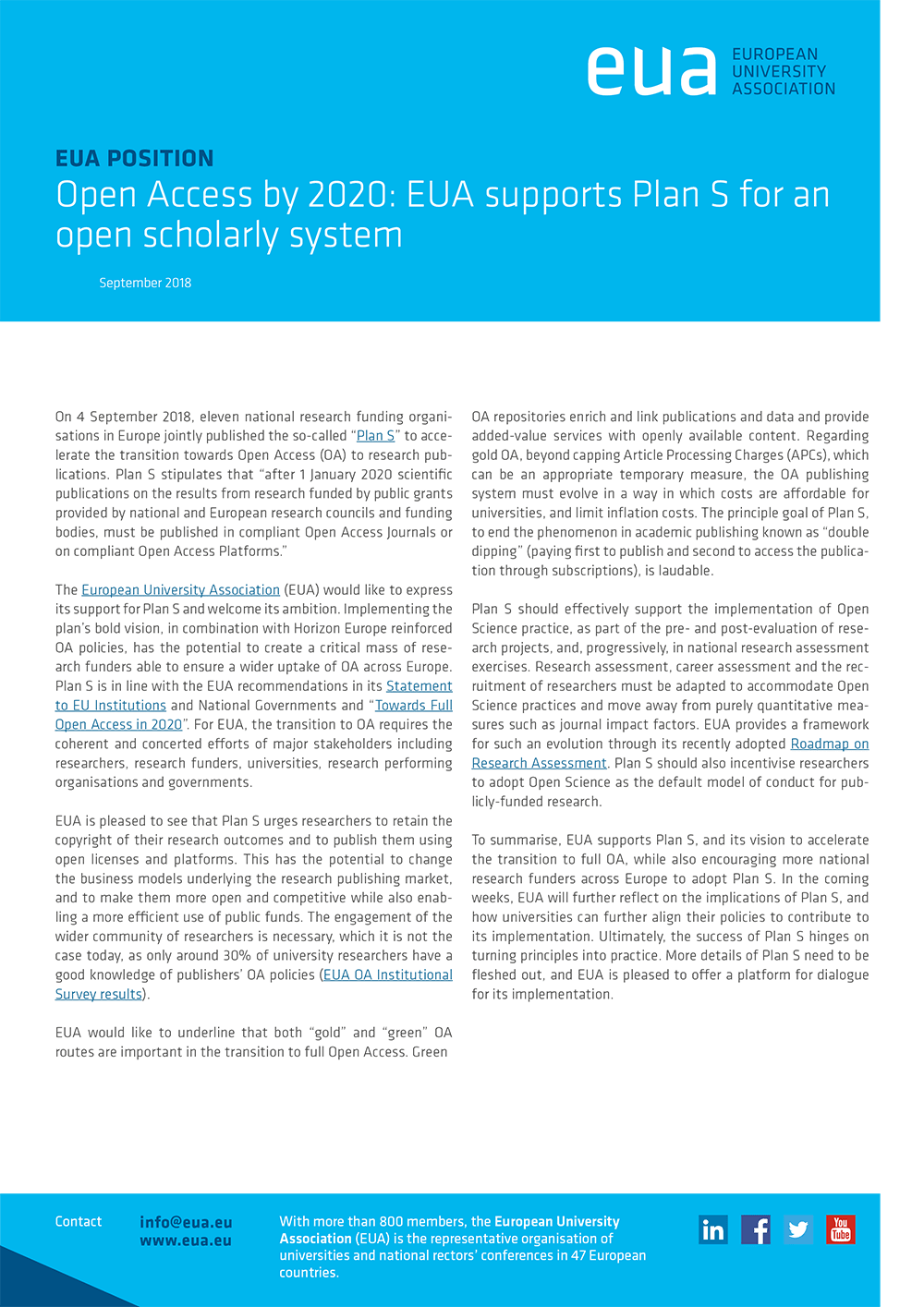 Open Access by 2020: EUA supports Plan S for an open scholarly system