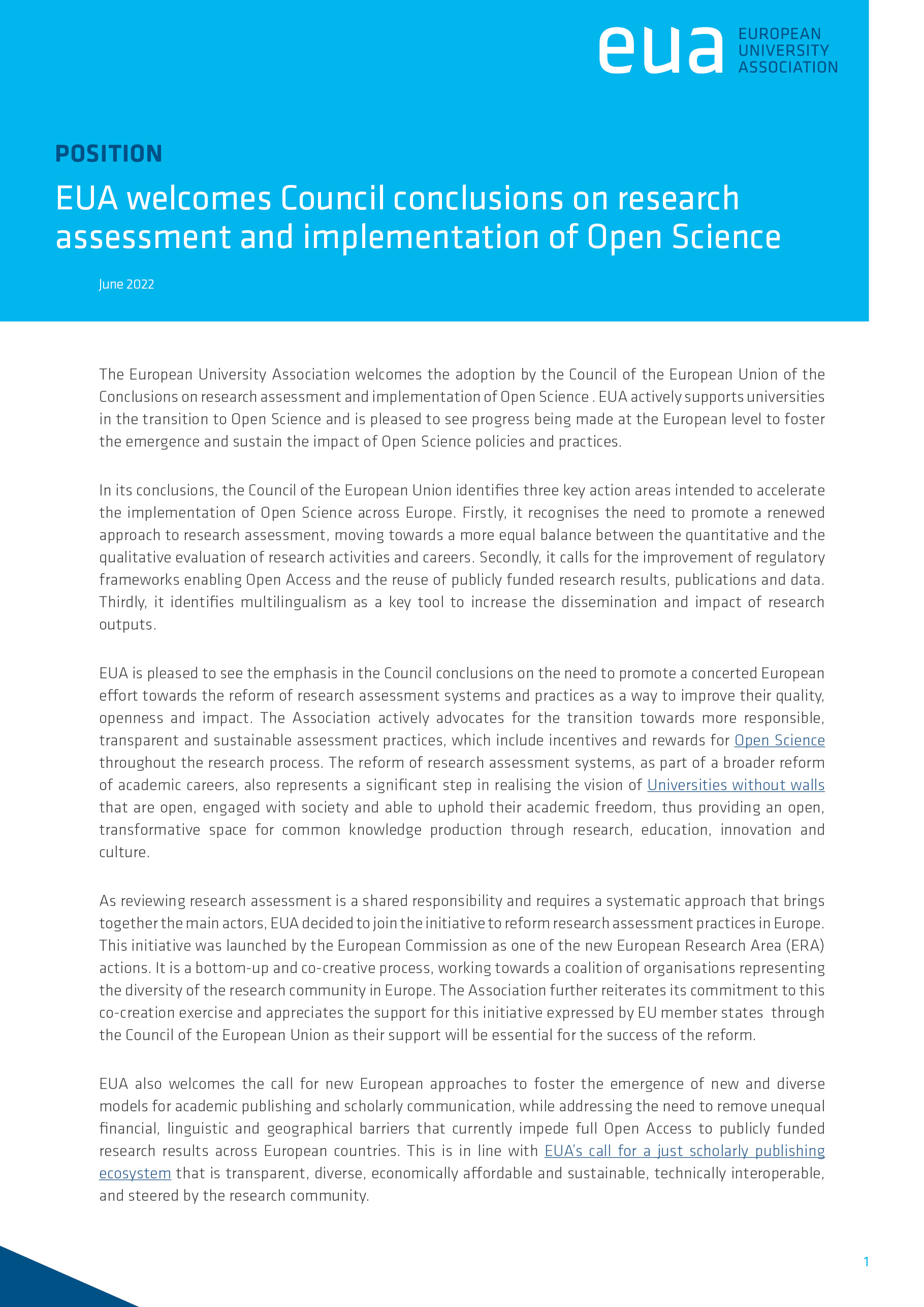 EUA welcomes Council Conclusions on research assessment and implementation of Open Science