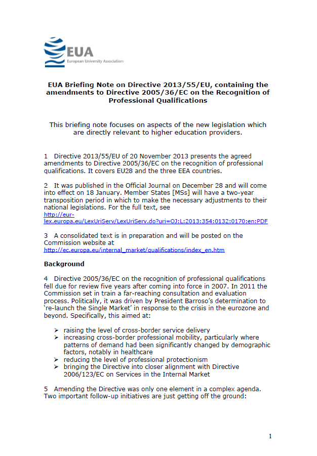 EUA Briefing Note on Directive 2013/55/EU, containing the amendments to Directive 2005/36/EC on the Recognition of Professional Qualifications