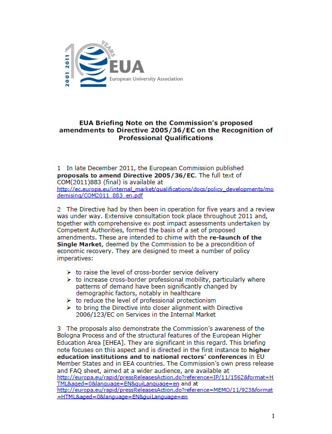 EUA Briefing Note on the Commission’s proposed amendments to Directive 2005/36/EC on the Recognition of Professional Qualifications