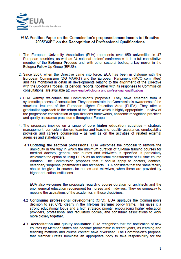 EUA Position Paper on the Commission’s proposed amendments to Directive 2005/36/EC on the Recognition of Professional Qualifications