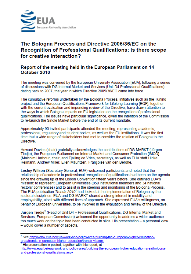 The Bologna Process and Directive 2005/36/EC on the Recognition of Professional Qualifications: is there scope for creative interaction?