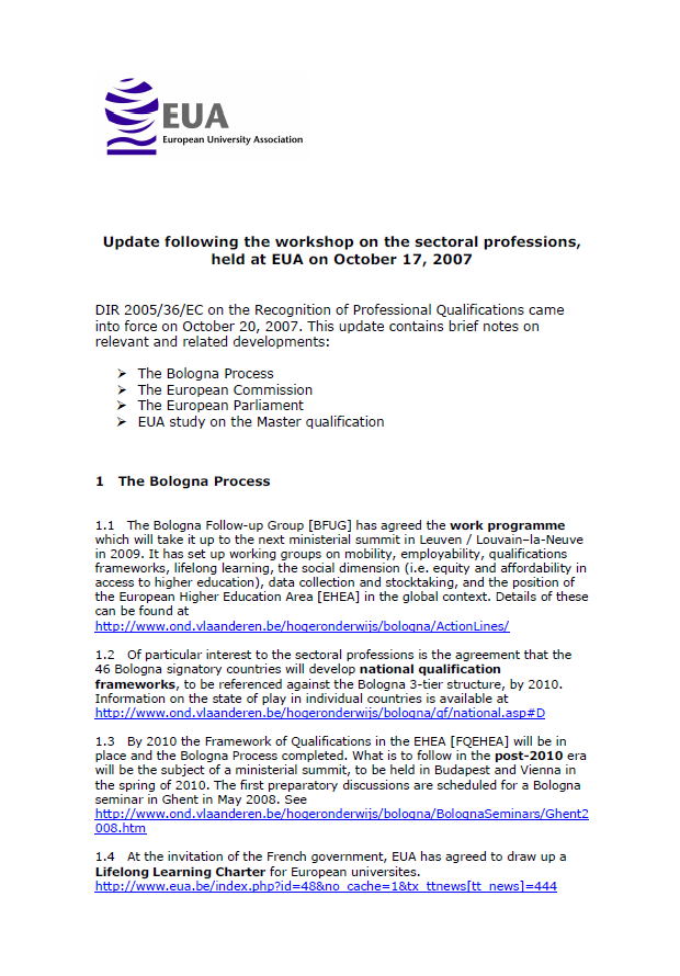 Update following the workshop on the sectoral professions, held at EUA on October 17, 2007