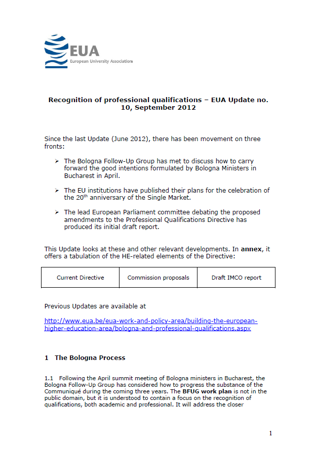 Update on EU legislation on the recognition of professional qualifications September 2012