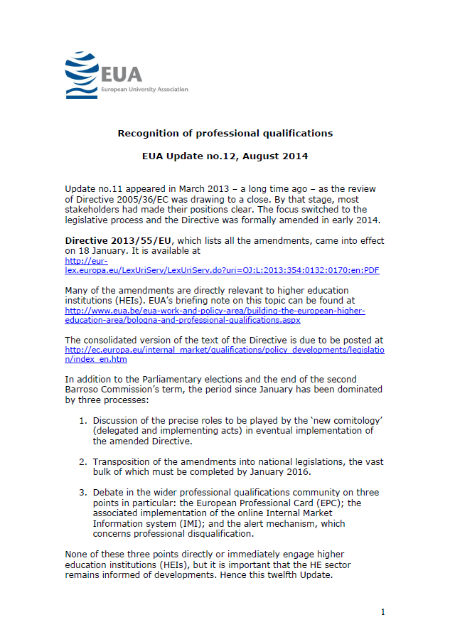 Update on EU legislation on the recognition of professional qualifications August 2014