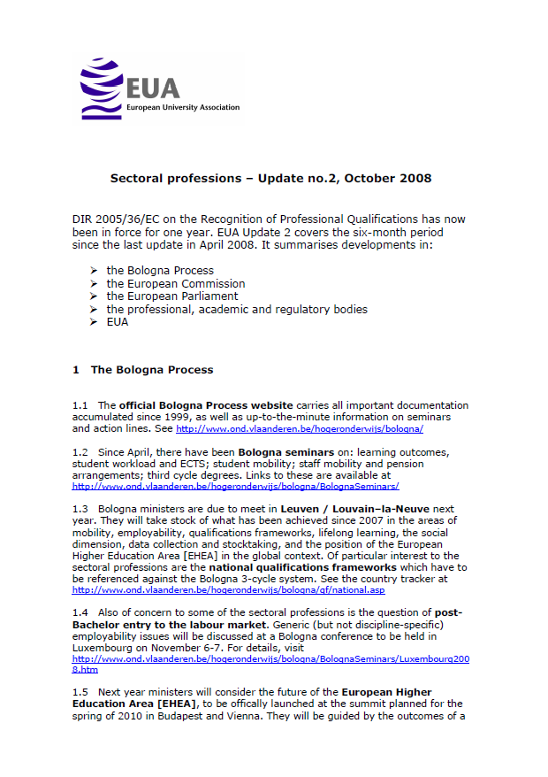 Update on EU legislation on the recognition of professional qualifications October 2008
