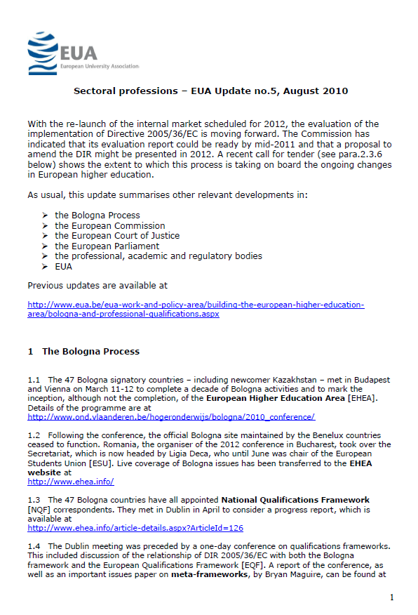 Update on EU legislation on the recognition of professional qualifications August 2010