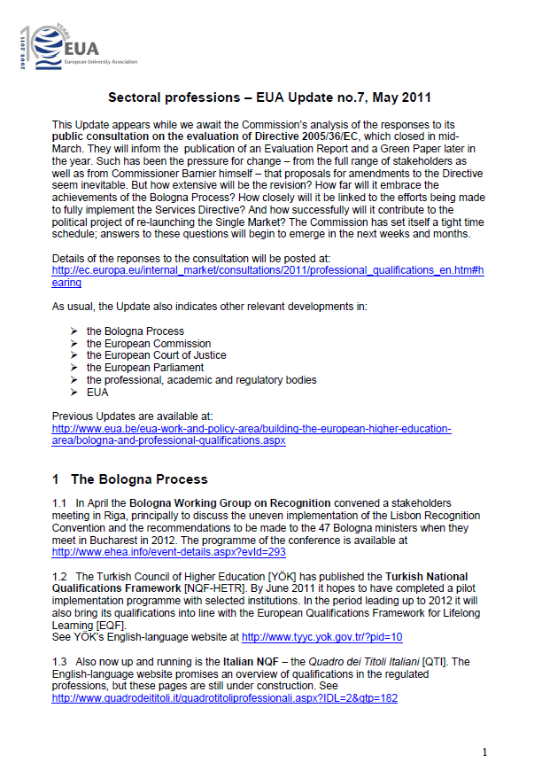 Update on EU legislation on the recognition of professional qualifications May 2011