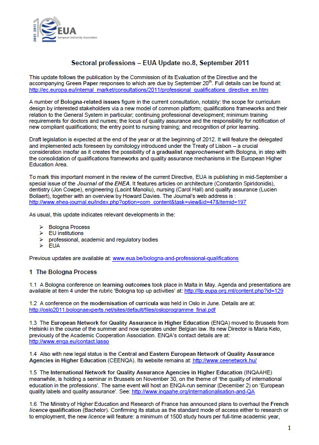 Update on EU legislation on the recognition of professional qualifications September 2011