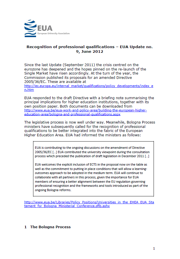 Update on EU legislation on the recognition of professional qualifications June 2012