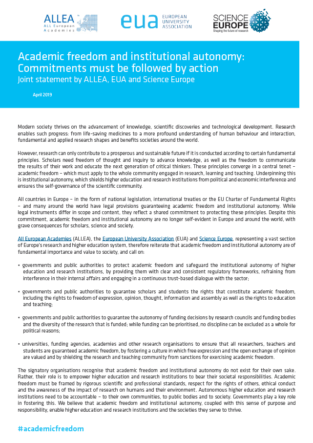 Academic freedom and institutional autonomy: Commitments must be followed by action