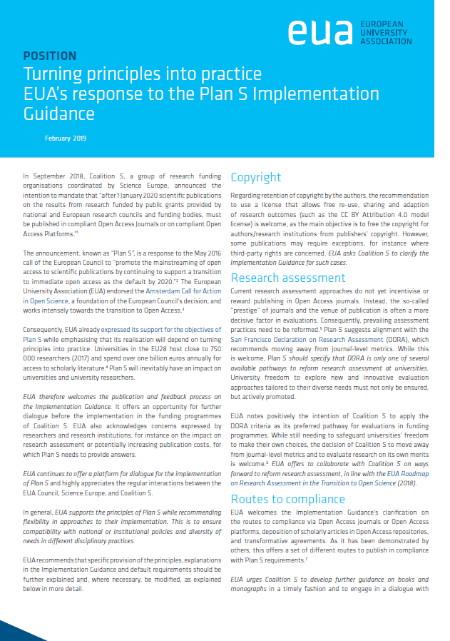 Turning principles into practice: EUA’s response to the Plan S Implementation Guidance
