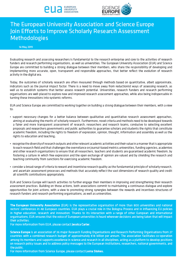 The European University Association and Science Europe Join Efforts to Improve Scholarly Research Assessment Methodologies