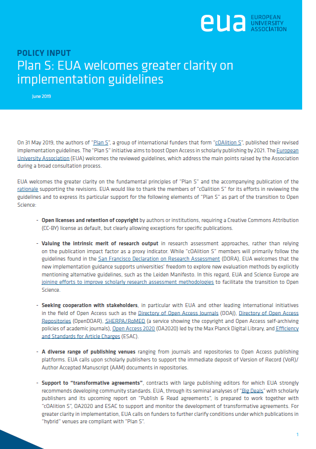 Plan S: EUA welcomes greater clarity on implementation guidelines