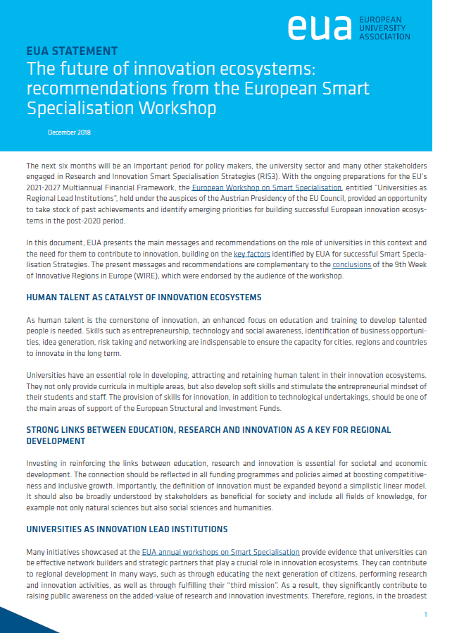 The future of innovation ecosystems: recommendations from the European Smart Specialisation Workshop