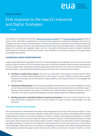 EUA response to the new EU Industrial and Digital Strategies